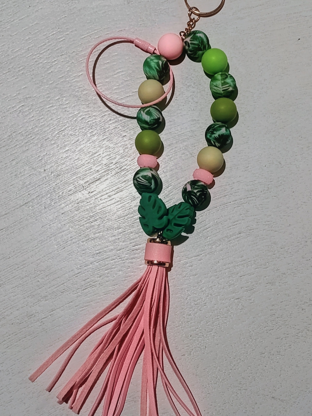 Pink & Green Beaded Tassel Keychain Wristlet